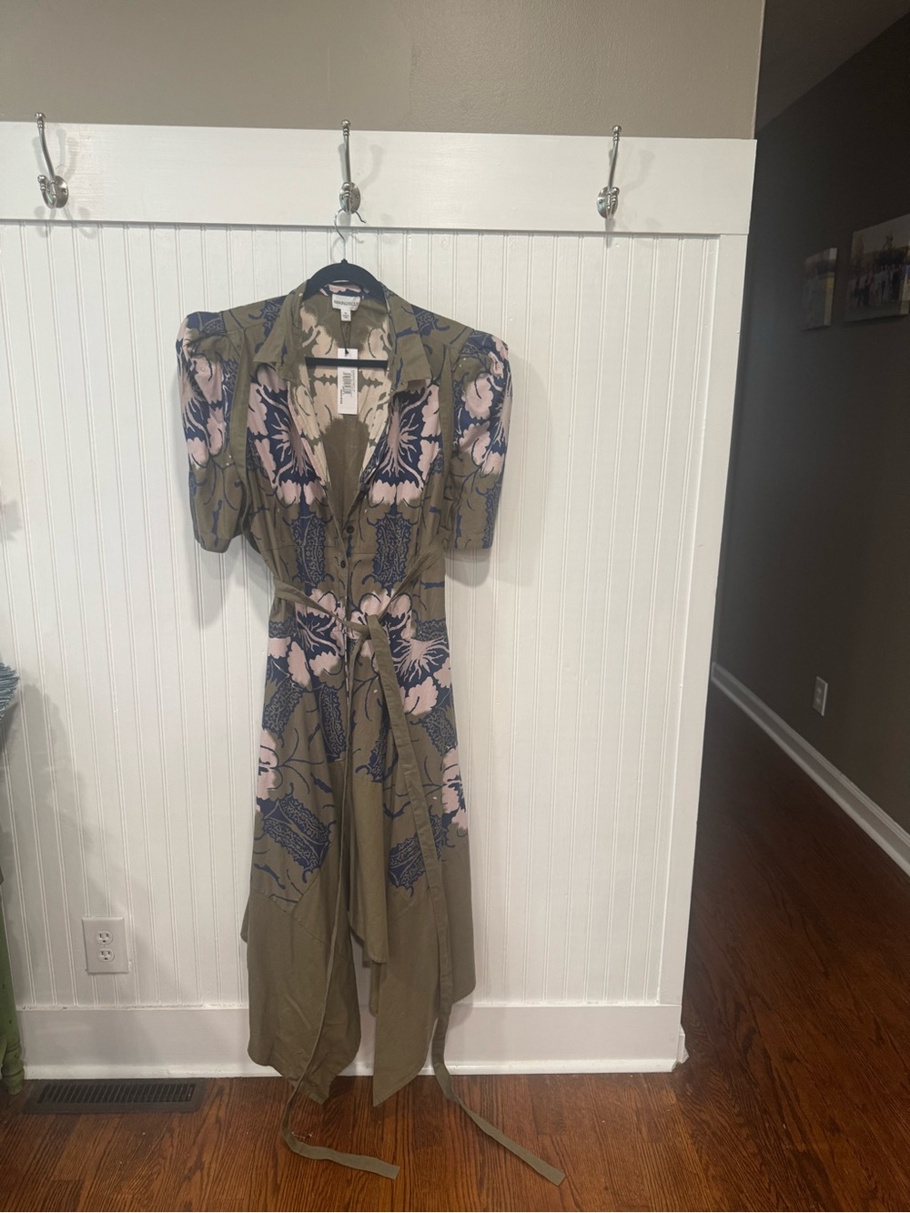 Olive Floral High-Low Wrap Dress with Pink & Navy Print